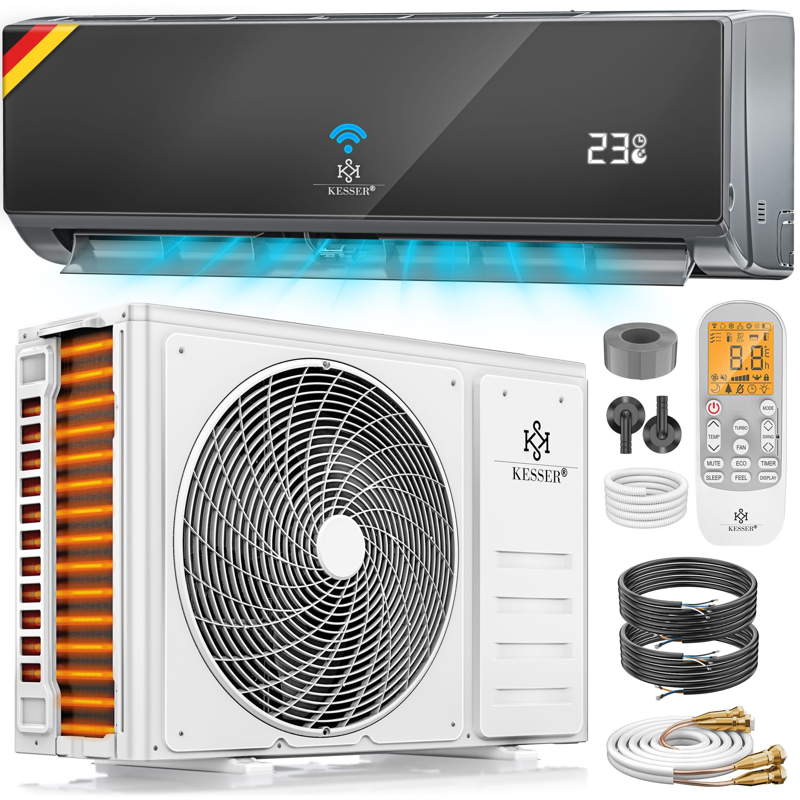 KESSER Split-Klimagerät Klimaanlage Set Split - mit WiFi/App Funktion Klimagerät 9000 BTU/h, Kühlen A++/ Heizen A+ - 2.600 Watt Kältemittel R32