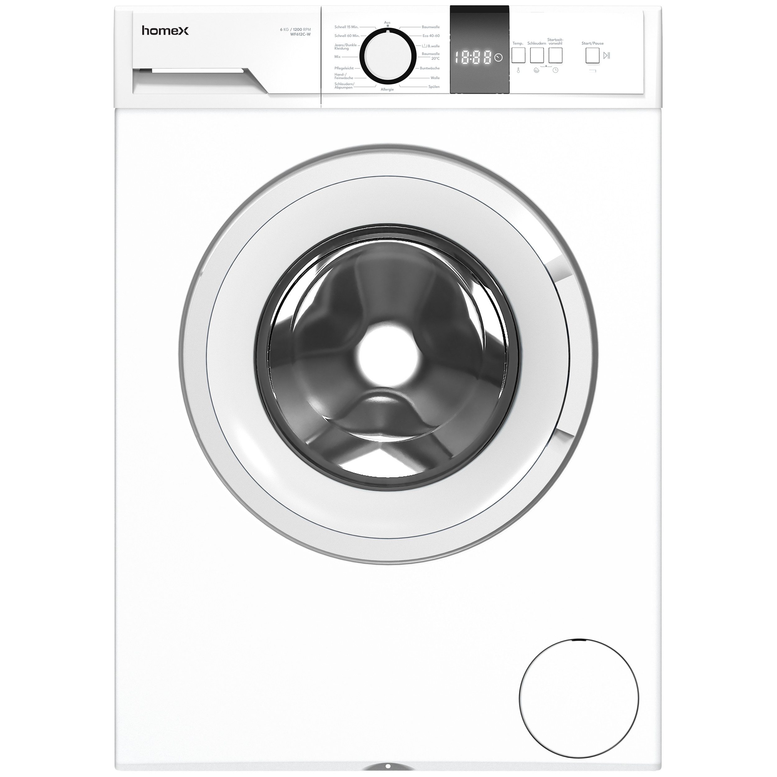 homeX Waschmaschine WF612C-W, 6 kg, 1200 U/min, Frontlader, Inverter Motor, Schontrommel, Leise & Effizient, 6kg, weiß